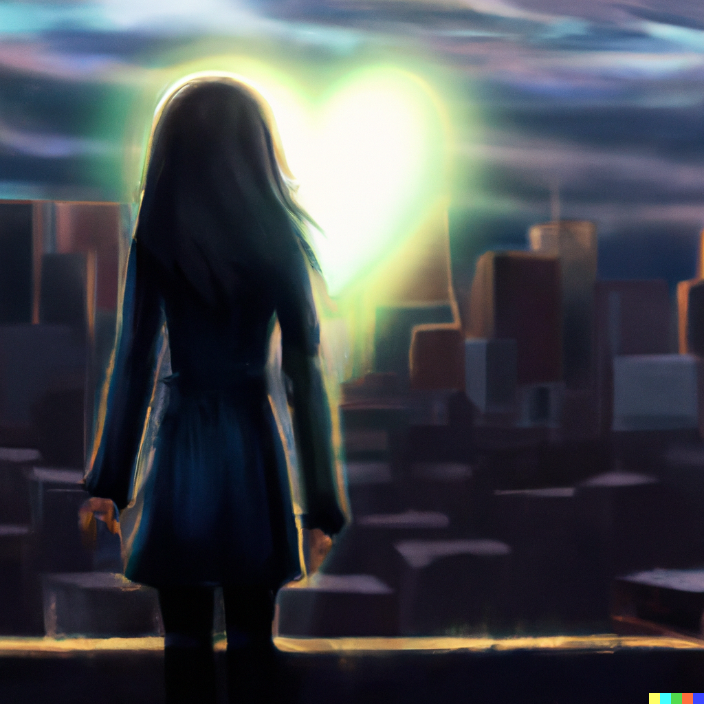 DALL·E 2022-08-01 15.02.04 - A very beautiful digital art of a young woman standing looking out over a cityscape, her heart heavy with love for those who have nothing. In the dist